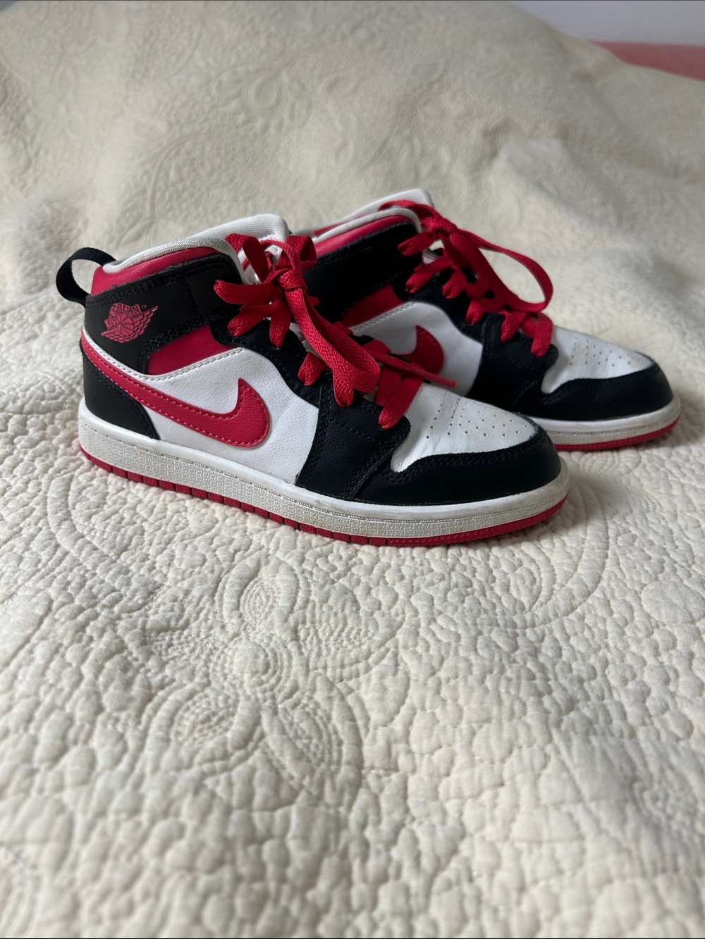 Nike Air Jordan Kids High-Top Sneakers in White, Black, and Red